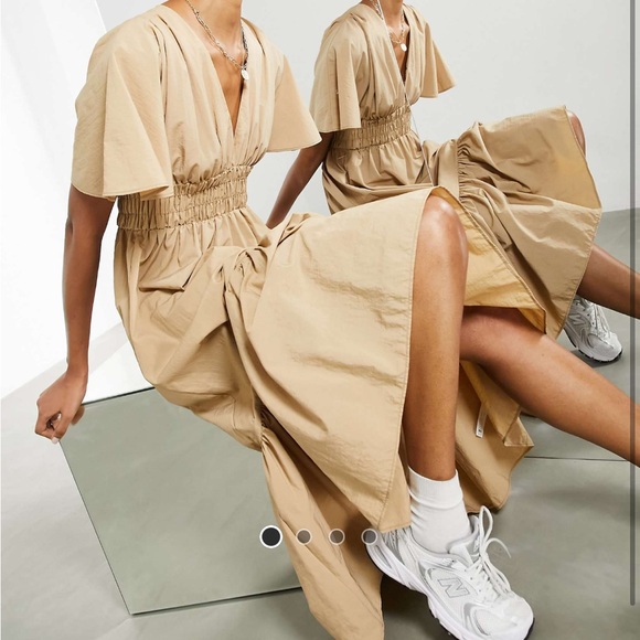 ASOS EDITION shirred waist tiered maxi dress Camel Nylon - Picture 2 of 3